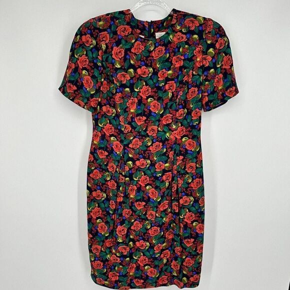 Vintage Liz Claiborne Midi Wiggle Dress Rose Floral Print Womens Petite Size 4P - Picture 1 of 15